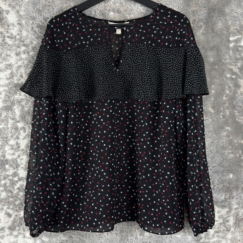 LC‎ Lauren Conrad Size L Floral Polka Dot Print Keyhole Semi Sheer Blouse Black